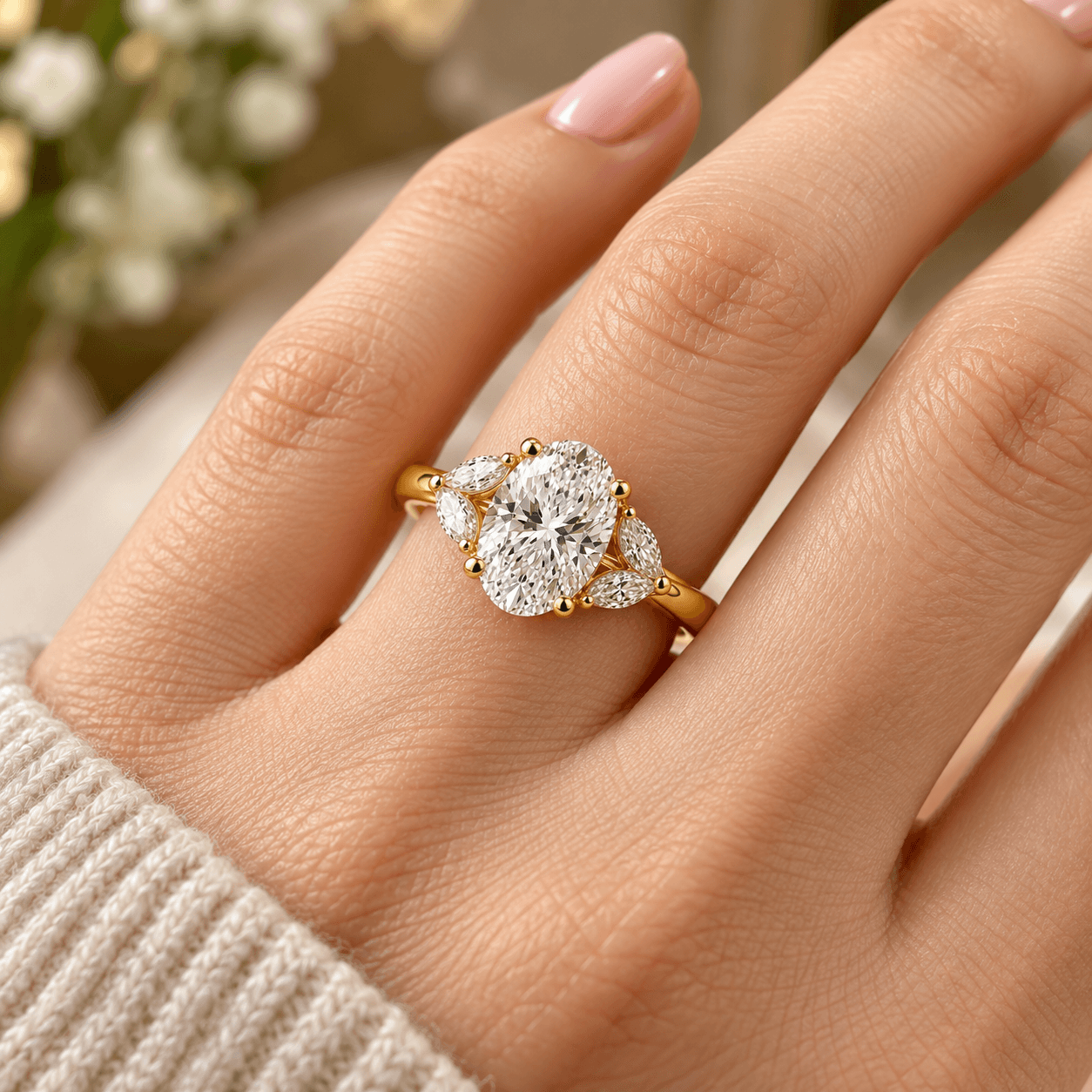 Oval Diamond Ring with Pear-Shaped Side Stones - Image 1