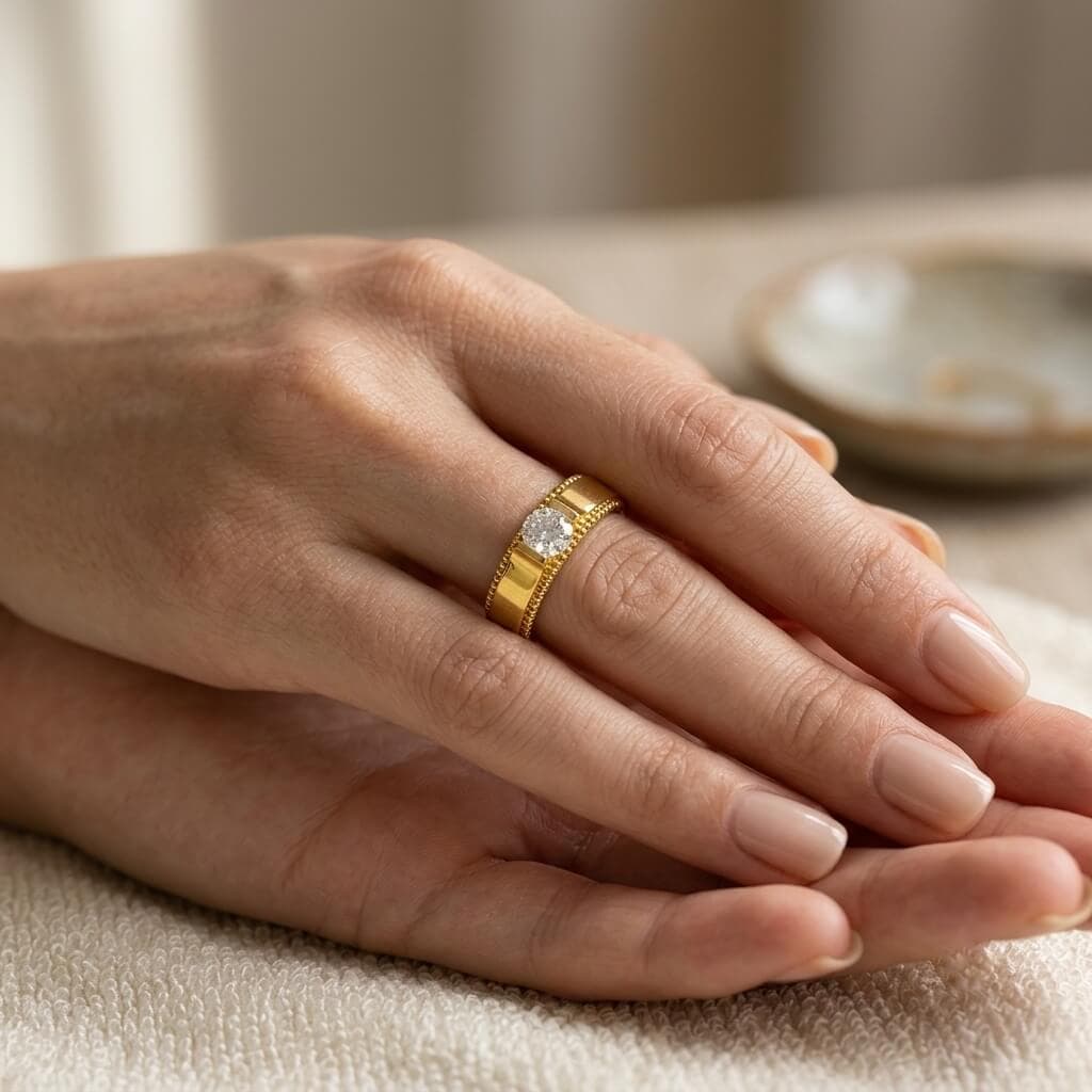 Round Diamond Ring with Milgrain Gold Band