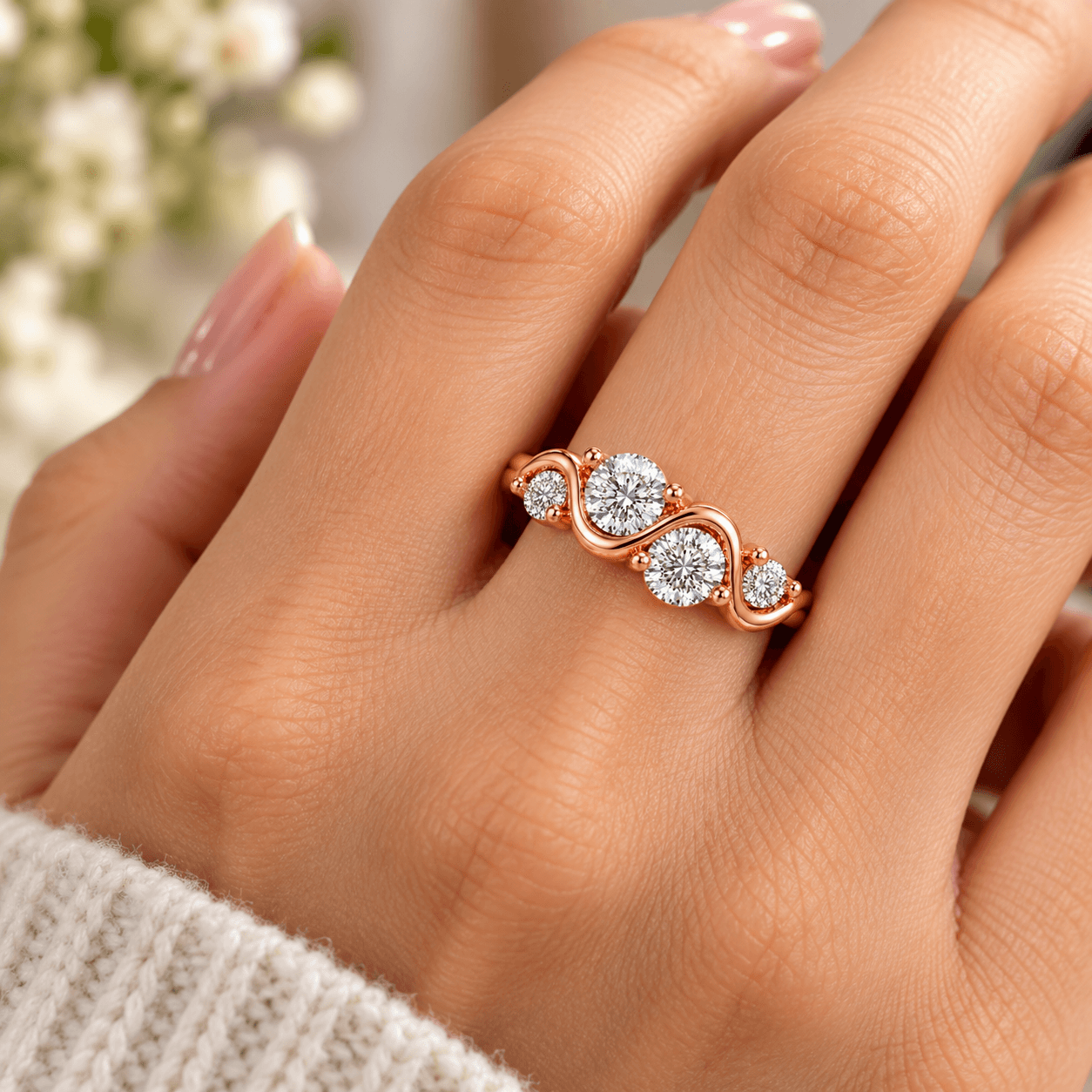 Rose Gold Diamond Wave Ring - Image 1