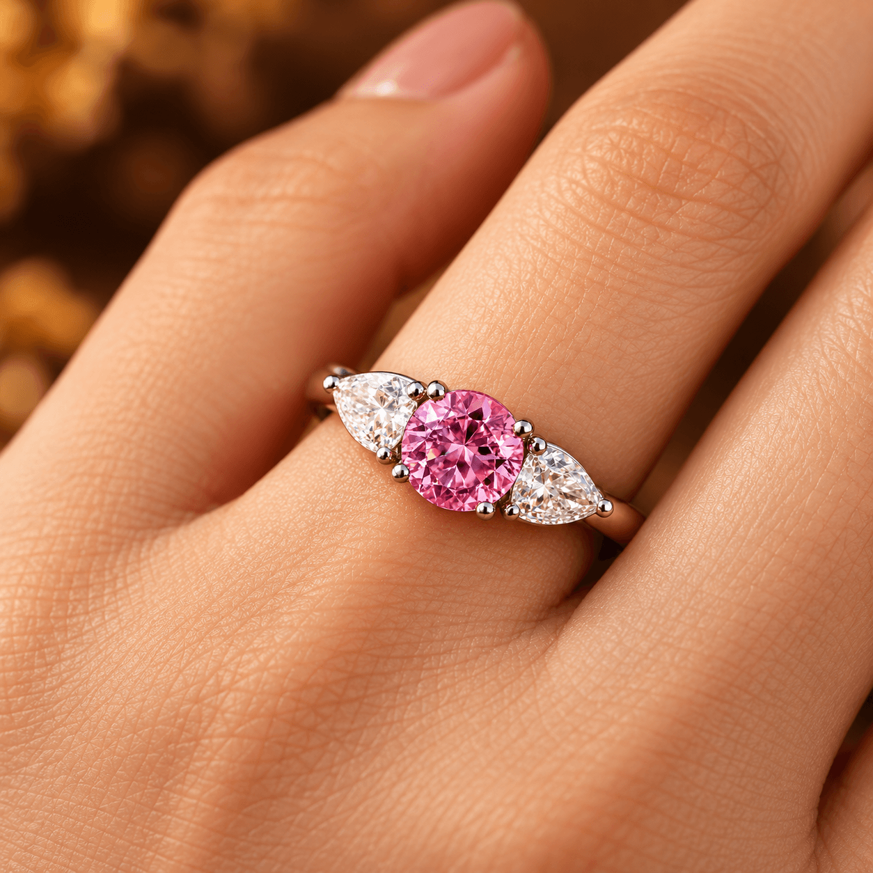 Round Pink Sapphire Three Stone Engagement Ring - Image 1